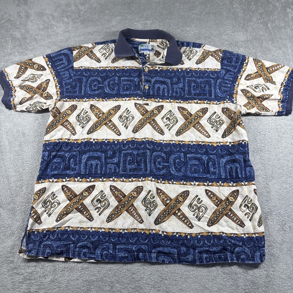 Vintage RJC Hawaiian Aloha Surfboard Print Polo Shirt Men's‎ Size XL